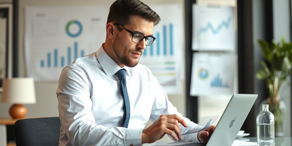 Consultant analyzing project data on laptop